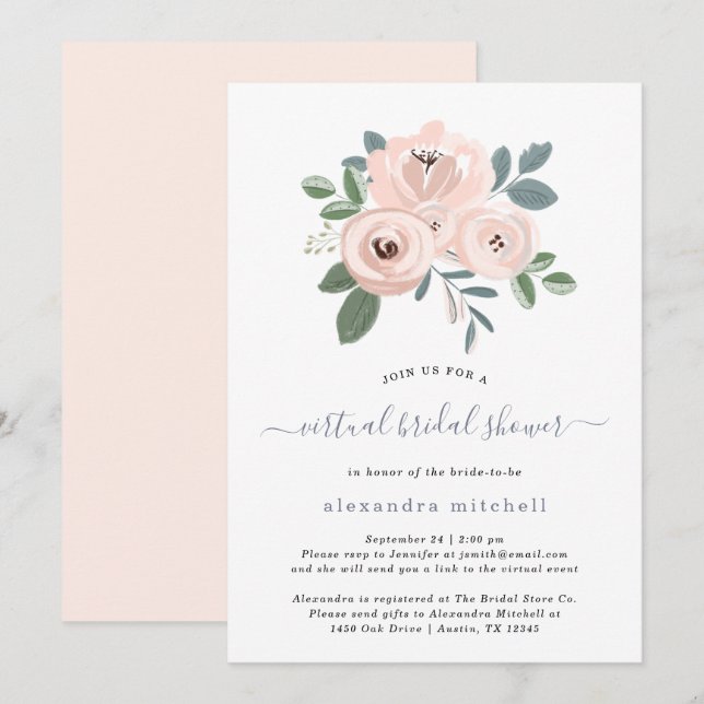Elegant Blush Pink Flowers | Virtual Bridal Shower Invitation (Front/Back)
