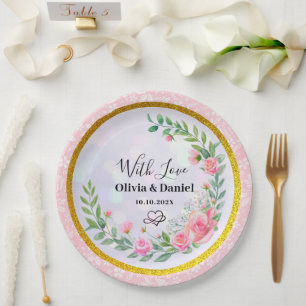 Elegant Blush Pink Flowers Watercolor Wedding Paper Plate