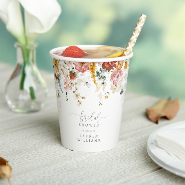 Elegant Blush Pink Garden Flowers Bridal Shower Paper Cups (Insitu)