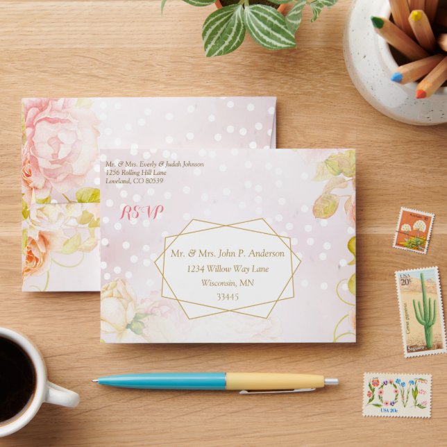 Elegant Blush Pink Geometric Frame Rose RSVP Envelope (Desk)