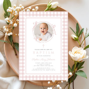 Elegant Blush Pink Gingham Photo Girl Baptism Invitation
