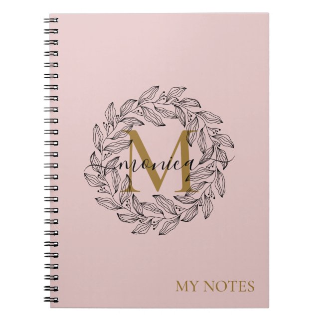 Elegant Blush Pink Girly Floral Gold Monogram Name Notebook (Front)