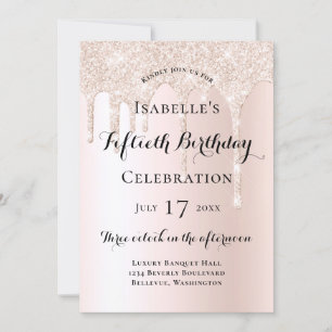 Elegant Blush Pink Glitter Drips 50th Birthday Invitation