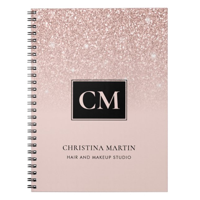 Elegant Blush Pink Glitter Ombre Monogram Notebook (Front)