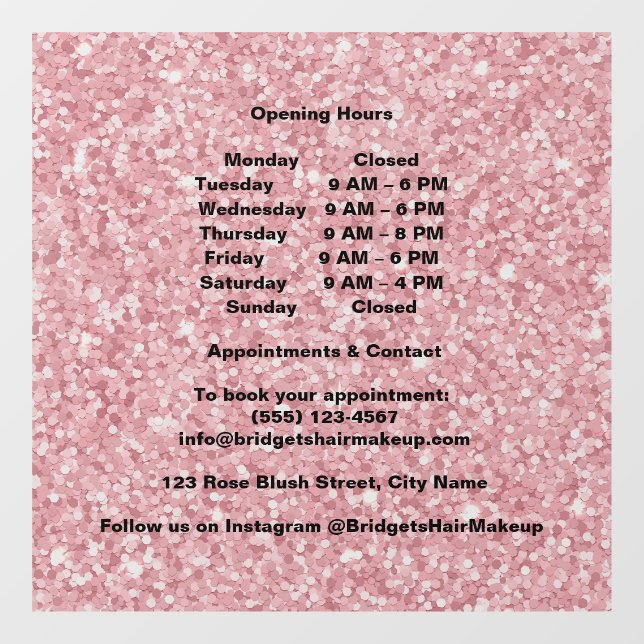 Elegant Blush pink Glitter Salon Opening Hours  Window Cling (Sheet)