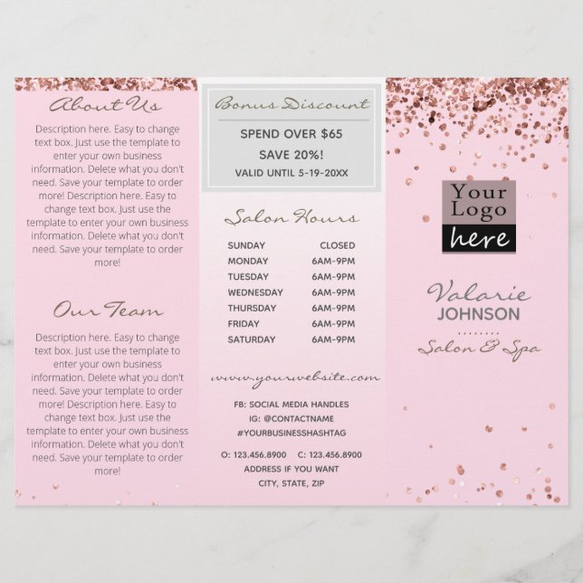 Elegant Blush Pink Glitter Trifold Salon Brochure (Front)