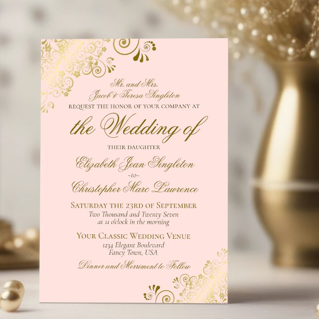 Elegant Blush Pink & Gold Classic Formal Wedding Invitation (Creator Uploaded)