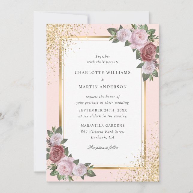 Elegant Blush Pink Gold Confetti Floral Wedding Invitation (Front)