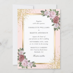 Elegant Blush Pink Gold Confetti Floral Wedding Invitation