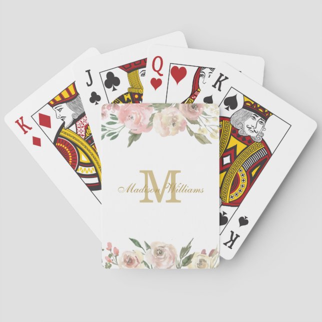 Elegant Blush Pink Gold Floral Custom Monogram Playing Cards (Back)