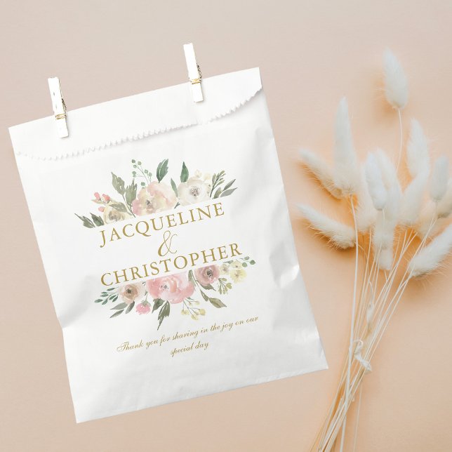 Elegant Blush Pink Gold Floral Custom Wedding Favour Bags (Creator Uploaded)