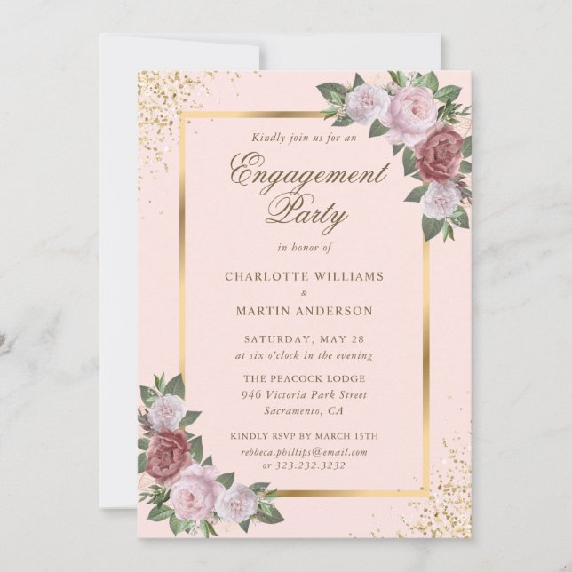 Elegant Blush Pink Gold Floral Engagement Party Invitation (Front)