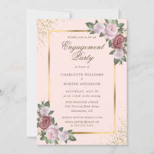 Elegant Blush Pink Gold Floral Engagement Party Invitation
