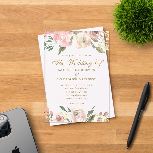 Elegant Blush Pink Gold Floral Garden Wedding Acrylic Invitations (Insitu (Invitation Card))