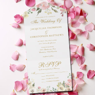Elegant Blush Pink Gold Floral Garden Wedding All In One Invitation