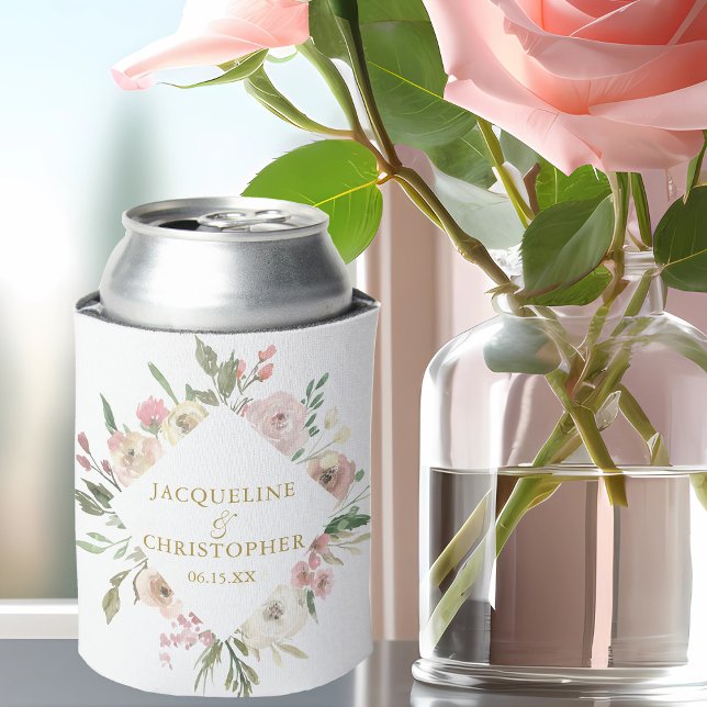 Elegant Blush Pink Gold Floral Garden Wedding Can Cooler (Creator Uploaded)