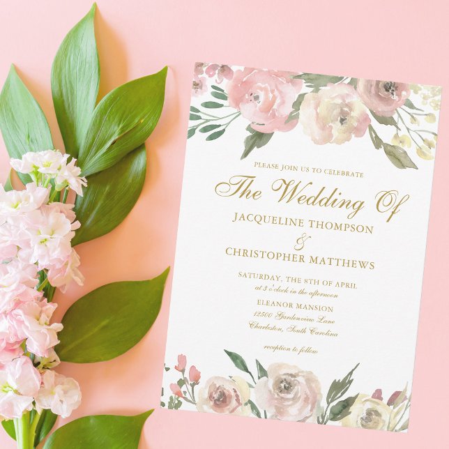 Elegant Blush Pink Gold Floral Garden Wedding Invitation (Creator Uploaded)