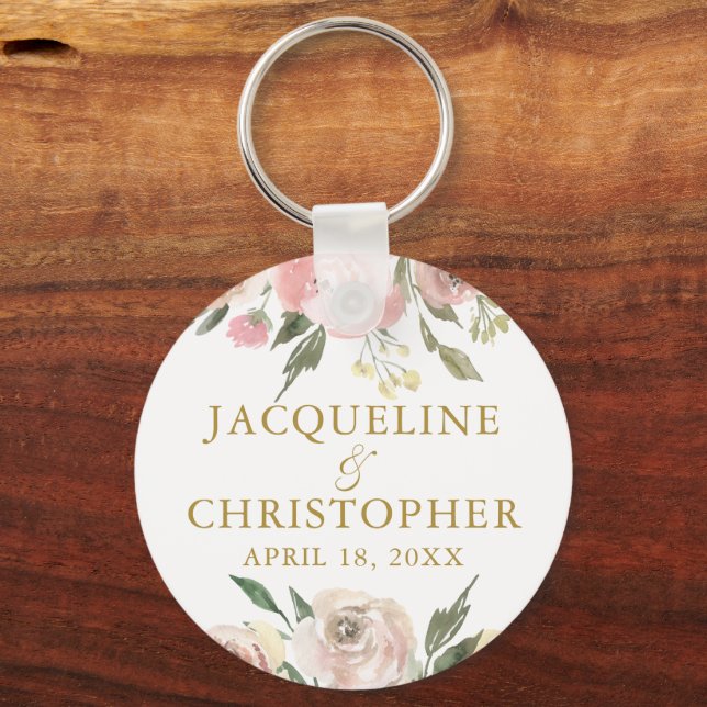 Elegant Blush Pink Gold Floral Garden Wedding Key Ring (Front)