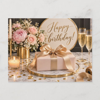 Elegant Blush Pink Gold Floral Happy Birthday Card