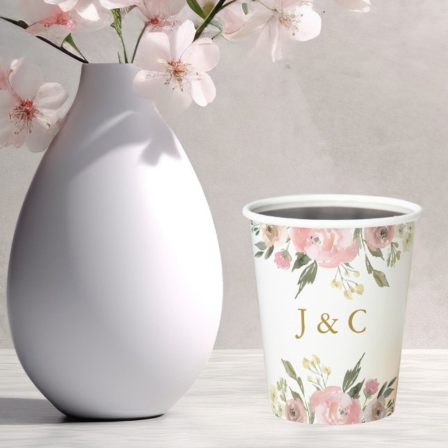 Elegant Blush Pink Gold Floral  Monogram Wedding Paper Cups (Creator Uploaded)