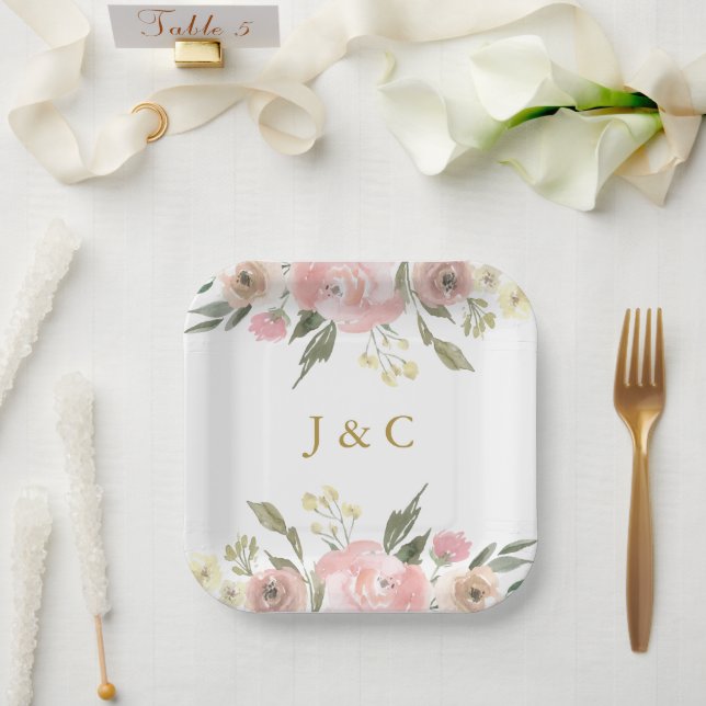 Elegant Blush Pink Gold Floral  Monogram Wedding Paper Plate (Wedding)