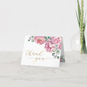 Elegant Blush Pink Gold Floral Peony & Greenery  Thank You Card