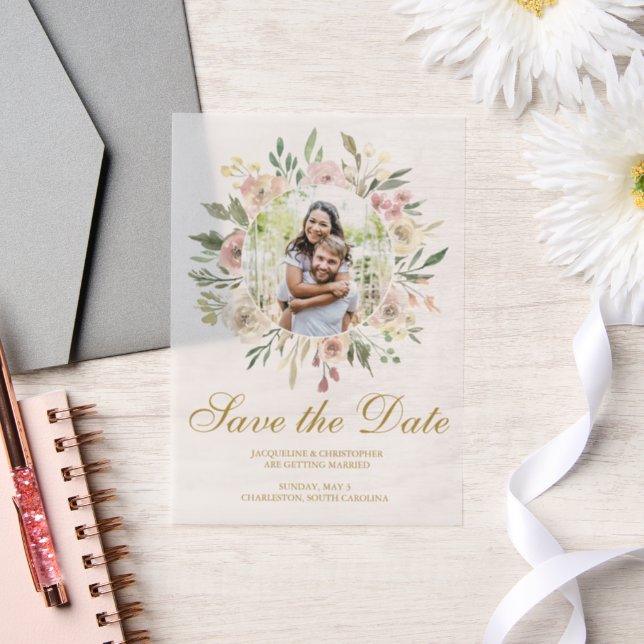 Elegant Blush Pink Gold Floral Photo Save the Date Vellum Invitations (Wedding)