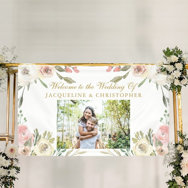 Elegant Blush Pink Gold Floral Photo Wedding Banner (Creator Uploaded)