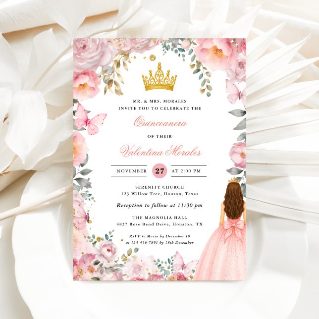 Elegant Blush Pink Gold Floral Quinceanera Invitation (Creator Uploaded)