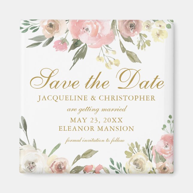 Elegant Blush Pink Gold Floral Save the Date Magnet (Front)