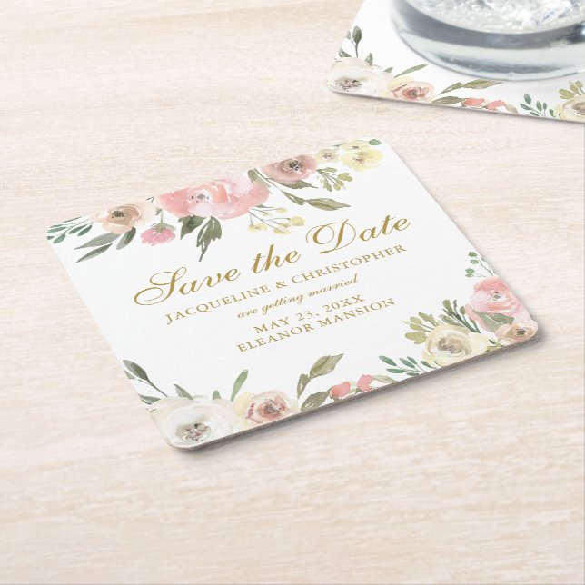 Elegant Blush Pink Gold Floral Save the Date Square Paper Coaster (Angled)