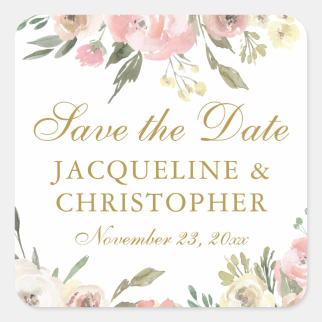 Elegant Blush Pink Gold Floral Save the Date Square Sticker (Front)