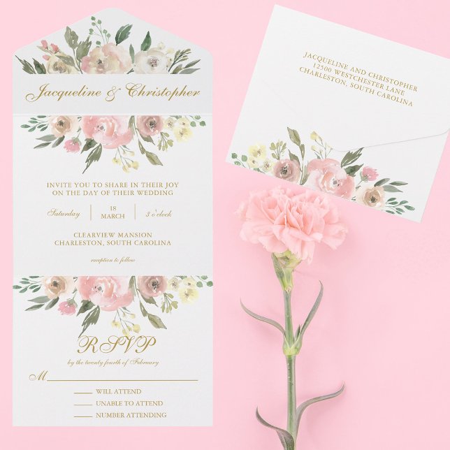 Elegant Blush Pink Gold Floral Summer Wedding All In One Invitation (Creator Uploaded)