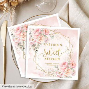Elegant Blush Pink Gold Floral Sweet 16 Party Napkin