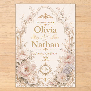Elegant Blush Pink Gold Floral Vintage Wedding Acrylic Invitations