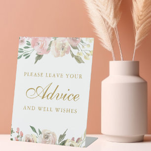 Elegant Blush Pink Gold Floral Wedding Advice Pedestal Sign