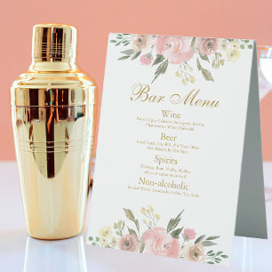 Elegant Blush Pink Gold Floral Wedding Bar Menu