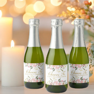 Elegant Blush Pink Gold Floral Wedding Cheers Mini Sparkling Wine Label