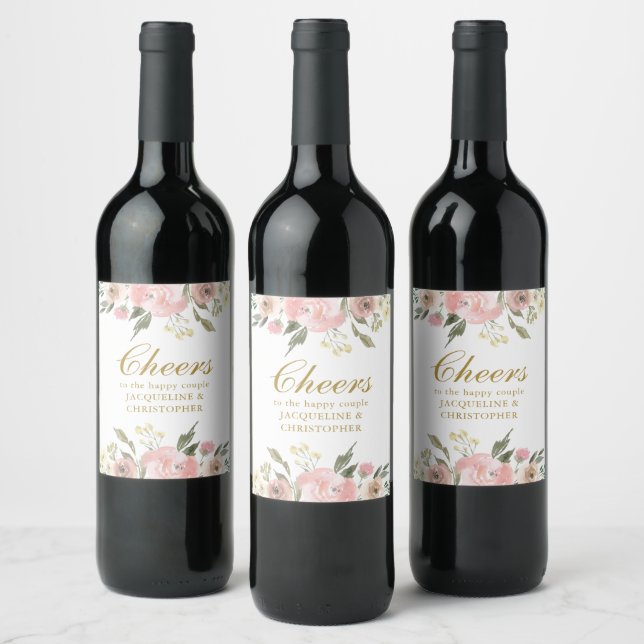 Elegant Blush Pink Gold Floral Wedding Custom Wine Label (Bottles)
