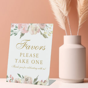 Elegant Blush Pink Gold Floral Wedding Favours Pedestal Sign