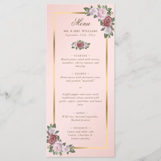Elegant Blush Pink Gold Floral Wedding Menu (Front)
