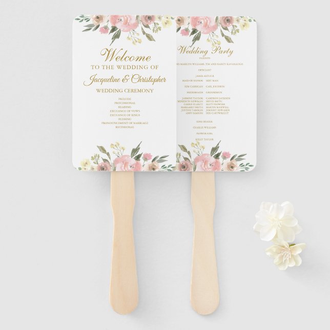 Elegant Blush Pink Gold Floral Wedding Program Fan (Front and Back)