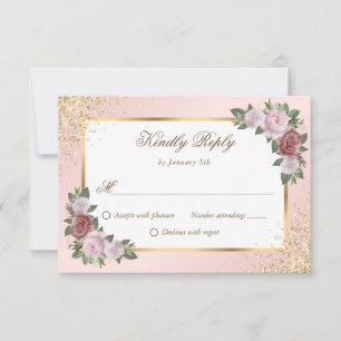 Elegant Blush Pink Gold Floral Wedding RSVP Card