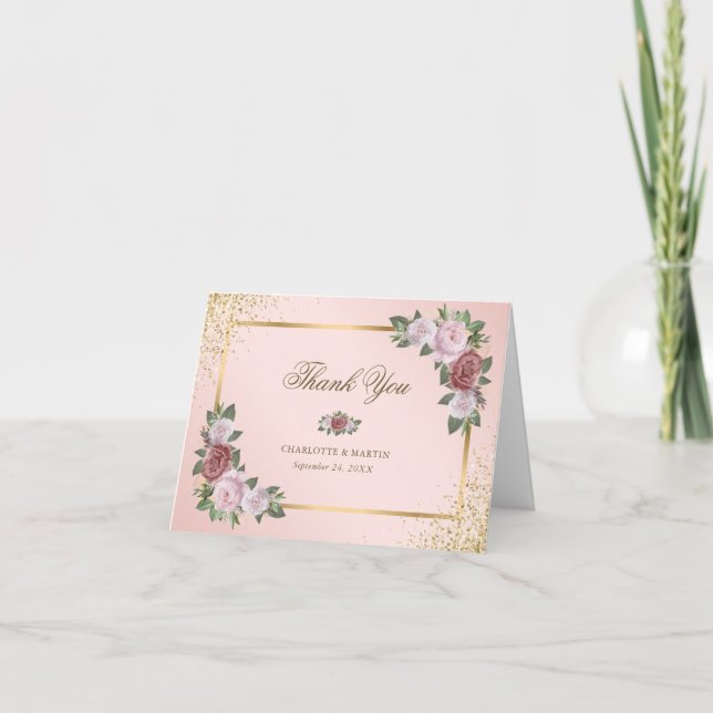 Elegant Blush Pink Gold Floral Wedding Thank You Card (Front)