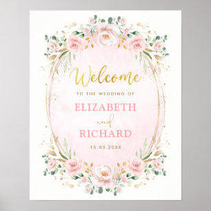 Elegant Blush Pink Gold Floral Wedding Welcome Poster