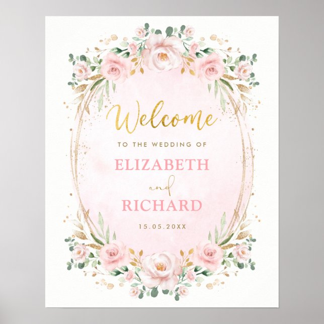 Elegant Blush Pink Gold Floral Wedding Welcome Poster (Front)