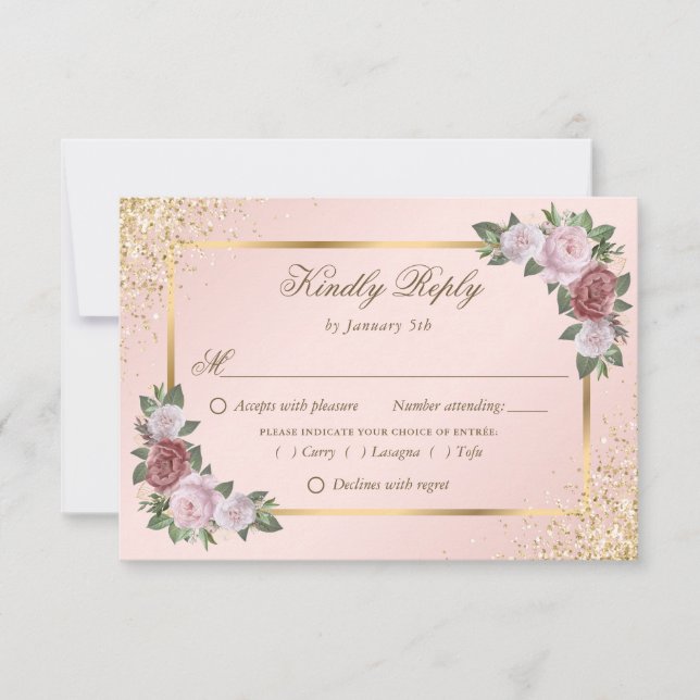 Elegant Blush Pink Gold Frame Confetti Wedding RSVP Card (Front)