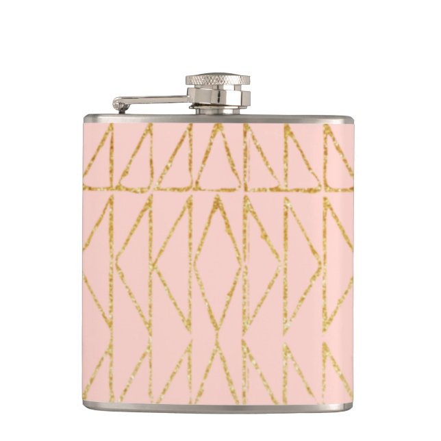 Elegant Blush Pink Gold Geometric Bridal Wedding Hip Flask (Front)