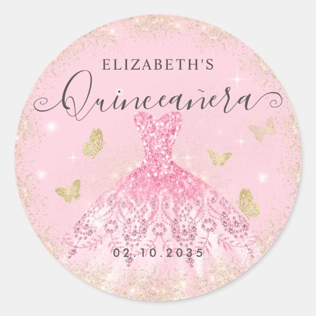Elegant Blush Pink Gold Glitter Gown Quinceañera Classic Round Sticker (Front)