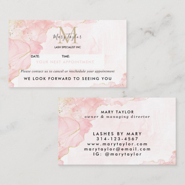Elegant Blush Pink Gold Glitter Marble Appointment Card (Front/Back)